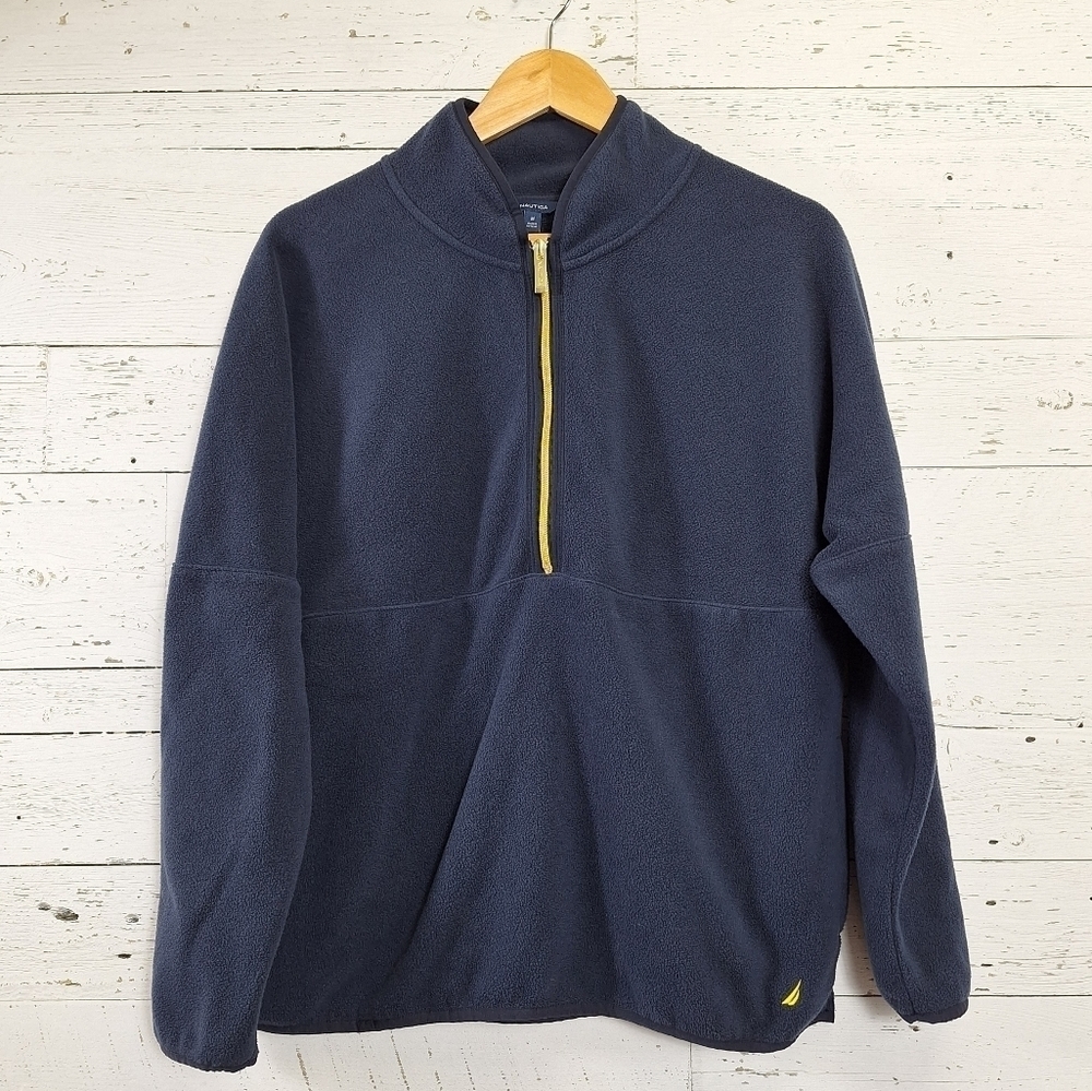 Nautica Navy Blue Fleece Pullover Half Zip Sweatshirt Top Gold Zipper Medium‌‌‌‍